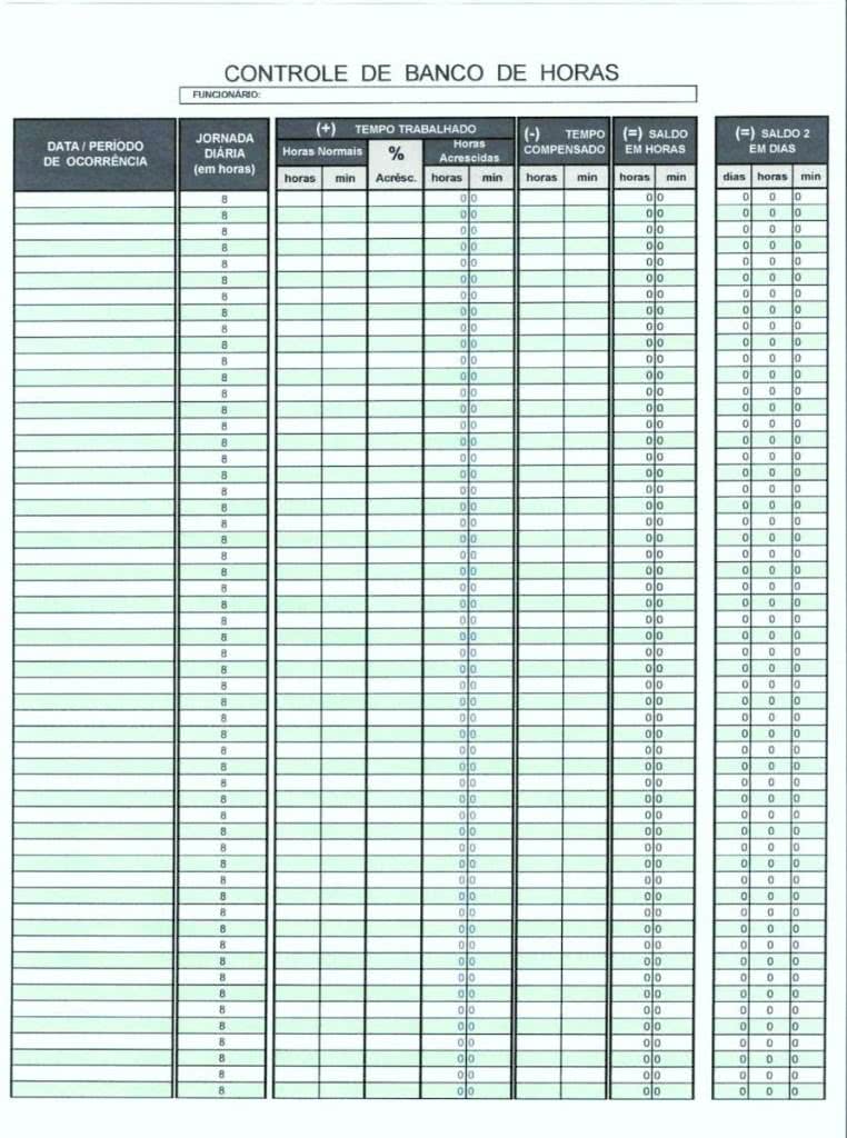 Planilha de Controle de Banco de Horas