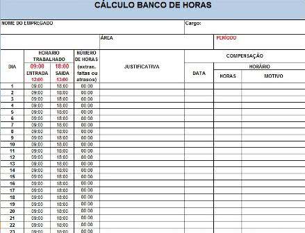 Planilha Banco de Horas Excel