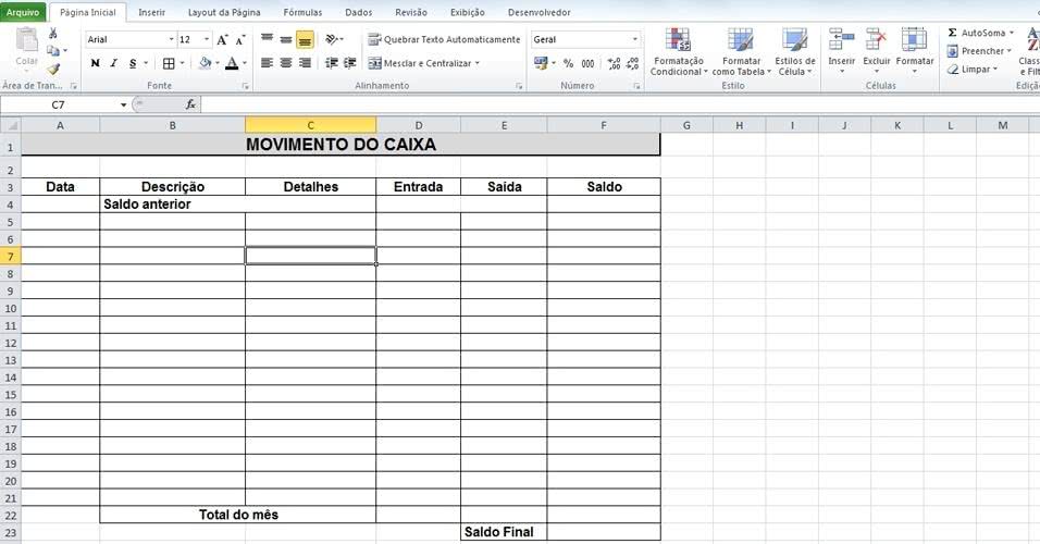 Planilha de Movimento de Caixa 